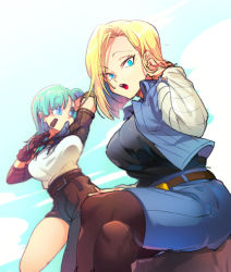 Rule 34 | 2girls, :o, android 18, aqua hair, arm up, asymmetrical clothes, bandaid, bandaid on cheek, bandaid on face, belt, biting, biting clothes, black legwear, black shirt, blonde hair, blue eyes, blue skirt, blue sky, breasts, brown belt, brown gloves, bulma, cloud, cloudy sky, crossed legs, day, denim, denim skirt, dragon ball, dragon ball (classic), dragonball z, dutch angle, elbow pads, eyelashes, facing viewer, feet out of frame, gloves, hand in own hair, hand on own leg, hand up, high-waist pants, impossible clothes, large breasts, long hair, looking afar, looking at viewer, looking down, multiple girls, ommmyoh, open mouth, outdoors, pants, pantyhose, rock, shaded face, shirt, shirt tucked in, short hair, single pantsleg, sitting, sitting on rock, skirt, sky, straight hair, striped clothes, striped shirt, teeth, thighs, upper teeth only, waistcoat, white shirt