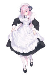 Rule 34 | 1girl, absurdly long hair, absurdres, apron, ascot, black dress, black footwear, blue eyes, blush, curled horns, dress, eyes visible through hair, full body, hair over one eye, highres, horns, long hair, long sleeves, looking at viewer, maid, maid headdress, mary janes, original, pantyhose, parted lips, pink hair, puffy sleeves, shoes, skirt hold, solo, standing, sylvia (huajiuhuajiu), very long hair, white apron, white ascot, white background, white pantyhose
