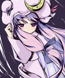 Rule 34 | 1girl, adjusting hair, blush, bow, coo (coonekocoo), crescent, female focus, hair bow, hand on headwear, hat, hat tug, highres, light smile, long hair, patchouli knowledge, purple eyes, purple hair, robe, smile, solo, striped, touhou, wind