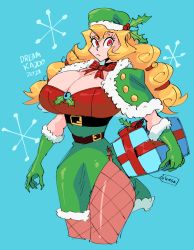 Rule 34 | 1girl, belt, blonde hair, bow, bowtie, breasts, christmas, christmas costume, cleavage, dreamkazoo, elbow gloves, female focus, fishnets, gift, gloves, green gloves, hat, huge breasts, long hair, mistletoe, mistletoe hair ornament, narrow waist, original, pantyhose, red eyes, shawl, solo, thick thighs, thighs, wide hips