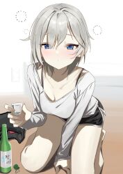 Rule 34 | 1girl, absurdres, anastasia (idolmaster), between legs, black headwear, black shorts, black straps, blue eyes, bottle, breasts, choko (cup), cleavage, closed mouth, collarbone, cup, dolphin shorts, dot nose, double-parted bangs, drunk, grey hair, grey shirt, hair between eyes, hair intakes, hand between legs, hand up, highres, holding, holding cup, idolmaster, idolmaster cinderella girls, kneeling, leaning forward, light blush, long sleeves, looking at viewer, medium breasts, sake bottle, shirt, short hair, short shorts, shorts, sketch background, solo, squeans, syhan, thighs, unworn headwear