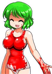 Rule 34 | 1girl, bad id, bad pixiv id, blood, blood on clothes, breasts, closed eyes, female focus, green hair, impossible clothes, impossible swimsuit, kazami yuuka, large breasts, mono (moiky), one-piece swimsuit, open mouth, school swimsuit, short hair, smile, solo, swimsuit, touhou, transparent background, white one-piece swimsuit, white school swimsuit