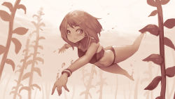 Rule 34 | 1girl, air bubble, bare legs, bare shoulders, barefoot, bikini, boku no hero academia, bracelet, breasts, brown eyes, brown hair, bubble, collarbone, commentary, diving, full body, highres, jewelry, looking at viewer, navel, rou (rou22), sepia, short hair, small breasts, solo, swimsuit, tagme, underwater, uraraka ochako, water
