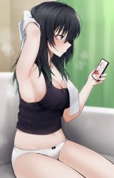 Rule 34 | 1girl, arm up, armpits, bare legs, black hair, black shirt, black tank top, blush, bow, bow panties, breasts, cellphone, cleavage, closed mouth, collarbone, commentary request, couch, from side, green eyes, highres, holding, holding phone, indoors, kitaku (nakamachi machi), large breasts, long hair, love live!, love live! nijigasaki high school idol club, no bra, no pants, on couch, panties, phone, profile, shirt, sitting, smartphone, solo, stomach, sweat, takasaki yu, tank top, thighs, towel, uehara ayumu, underwear, underwear only, white panties