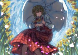 Rule 34 | 1girl, berabou, black pantyhose, blue sky, cloud, collared shirt, day, flower, from below, garden of the sun, green hair, holding, holding umbrella, kazami yuuka, long skirt, long sleeves, looking at viewer, looking down, open clothes, open vest, pantyhose, parasol, petals, plaid, plaid skirt, plaid vest, puffy long sleeves, puffy sleeves, red eyes, shirt, short hair, skirt, sky, smile, solo, sunflower, touhou, umbrella, vest, wavy hair, white shirt, wind