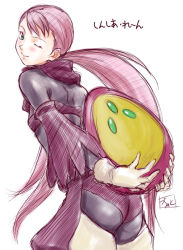 Rule 34 | 00s, 1girl, ass, blush, cynthia lane, dominator, gloves, green eyes, looking back, one eye closed, overman king gainer, purple hair, shoulder blades, simple background, skin tight, solo, white background, wink