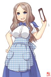 Rule 34 | 1girl, alternate costume, apron, artist logo, asakaze (kancolle), blue apron, blue bow, blue bowtie, blue skirt, bow, bowtie, breasts, clipboard, commentary request, dated, employee uniform, forehead, gingham, gingham apron, hand on own hip, high-waist skirt, highres, kanon (kurogane knights), kantai collection, kobeya, kobeya uniform, light brown hair, long hair, medium breasts, open mouth, parted bangs, pleated shirt, round teeth, sidelocks, simple background, skirt, solo, teeth, uniform, unmoving pattern, upper teeth only, wavy hair, white background