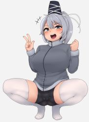 Rule 34 | +++, 1girl, :d, alternate costume, bike shorts, blue eyes, blush, breasts, cameltoe, full body, hat, highres, jacket, large breasts, looking at viewer, mononobe no futo, oozon (ozon), open mouth, ponytail, round teeth, short hair, shorts, silver hair, simple background, smile, solo, squatting, tate eboshi, teeth, thighhighs, touhou, v, white background, white thighhighs
