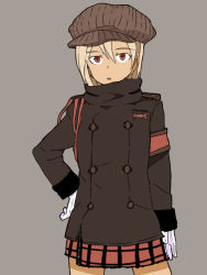 Rule 34 | 1girl, armband, bad id, bad pixiv id, blonde hair, buttons, coat, cowboy shot, dark-skinned female, dark skin, double-breasted, dragon ball, fur trim, gloves, grey background, hand on own hip, hat, kaika, original, red eyes, red ribbon army, simple background, skirt, solo, white gloves