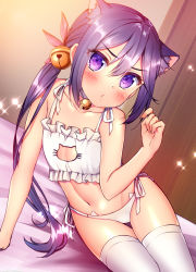 Rule 34 | 1girl, akebono (kancolle), alternate costume, animal ears, artist request, bed, bell, bra, cat cutout, cat ear panties, cat ears, cat lingerie, cat tail, cleavage cutout, clothing cutout, commentary request, cowboy shot, door, flat chest, flower, frilled bra, frills, hair bell, hair flower, hair ornament, highres, indoors, jingle bell, kantai collection, lingerie, long hair, looking at viewer, meme attire, midriff, navel, panties, purple eyes, purple hair, side-tie panties, side ponytail, sitting, solo, sparkle, tail, thigh gap, thighhighs, underwear, very long hair, white bra, white panties, white thighhighs, yokozuwari, yuuzaki