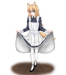 Rule 34 | 1girl, absurdres, abukumacl, alternate costume, animal ears, blonde hair, blue eyes, blush, copyright name, enmaided, fang, full body, girls&#039; frontline, high heels, highres, long hair, m500 (girls&#039; frontline), maid, smile, solo, tail, thighhighs, white thighhighs