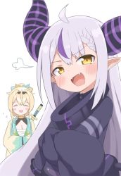 Rule 34 | 2girls, :d, ^ ^, ahoge, blonde hair, braid, breasts, bubukka, cleavage, closed eyes, crossed arms, fangs, hololive, holox, horns, katana, kazama iroha, la+ darknesss, long hair, looking at viewer, multicolored hair, multiple girls, open mouth, pointy ears, purple hair, sarashi, smile, smug, streaked hair, striped horns, sword, virtual youtuber, weapon, white background, white hair, yellow eyes
