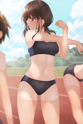 Rule 34 | 3girls, bent over, black buruma, black sports bra, breasts, brown eyes, brown hair, buruma, cloud, commentary request, expressionless, gluteal fold, highres, looking away, looking to the side, midriff, minato ojitan, multiple girls, navel, original, outdoors, outstretched arm, running track, short hair, sky, small breasts, sports bikini, sports bra, stretching, tan, tanline, thighs, track and field