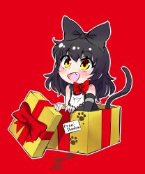 Rule 34 | 1girl, black hair, blake belladonna, bow, bowtie, box, cat tail, chibi, english text, fang, gift, gift box, hair bow, highres, iesupa, red background, rwby, solo, tail, yellow eyes