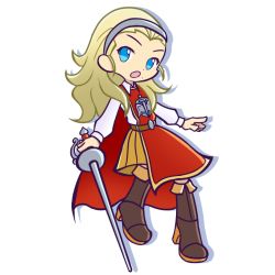 Rule 34 | 1girl, anlucea, belt, blonde hair, blue eyes, boots, brown footwear, cape, dragon quest, dragon quest x, full body, hairband, holding, holding sword, holding weapon, long hair, long sleeves, mole, mole under mouth, parody, puyopuyo, red cape, solo, standing, style parody, surprised, sword, transparent background, weapon, white sleeves