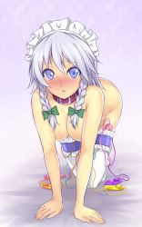 Rule 34 | 1girl, all fours, animal ears, blue eyes, blush, braid, breasts, face, female focus, hanging breasts, highres, izayoi sakuya, maid headdress, makita (twosidegekilove), medium breasts, multiple insertions, nude, object insertion, sex toy, short hair, silver hair, solo, tail, thighhighs, too many, too many sex toys, touhou, twin braids, vibrator