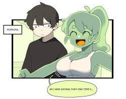 Rule 34 | 1boy, 1girl, absurdres, armpits, bare shoulders, black eyes, black hair, black shirt, breasts, cleavage, closed eyes, colored skin, colored speech bubble, colored tongue, crop top, english text, gomulgong, green skin, happy, highres, indoors, large breasts, looking at another, looking at breasts, midriff, monster girl, open mouth, original, ponytail, shirt, sideboob, slime (substance), slime girl, slime girl (gomulgong), smile, speech bubble, yellow eyes, yellow tongue, zipper