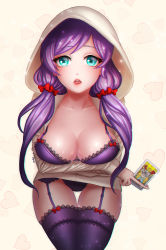 Rule 34 | 10s, 1girl, ango, ankkoyom, aqua eyes, bad id, bad pixiv id, bow, bra, breast hold, breasts, cleavage, garter straps, hair bow, heart, highres, hood, hoodie, lace, lace-trimmed legwear, lace trim, large breasts, leaning forward, lingerie, long hair, looking at viewer, love live!, love live! school idol festival, love live! school idol project, low twintails, open mouth, panties, parted bangs, purple bra, purple hair, purple panties, ribbon, solo, tarot, thigh gap, thighhighs, tojo nozomi, twintails, underwear