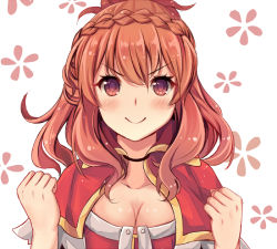 Rule 34 | &gt;:), 1girl, blush, braid, breasts, capelet, claudia (sennen sensou aigis), cleavage, clenched hands, crown braid, looking at viewer, qunqing, red eyes, red hair, sennen sensou aigis, smile, solo, upper body, v-shaped eyebrows, white background