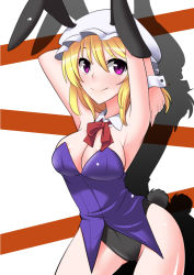 Rule 34 | 1girl, areola slip, arms behind back, blonde hair, blush, bow, bowtie, breasts, cleavage, detached collar, hat, leotard, maribel hearn, mizuno asami, playboy bunny, purple eyes, rabbit tail, shadow, short hair, smile, solo, tail, touhou, wrist cuffs