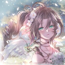 Rule 34 | 1girl, aerith gainsborough, arestear0701, artist name, bare shoulders, blush, brown hair, choker, dress, falling petals, feathered wings, final fantasy, final fantasy vii, final fantasy vii remake, flower, flower choker, green eyes, hair between eyes, hair flower, hair ornament, hair ribbon, highres, looking at viewer, parted bangs, parted lips, petals, pink dress, pink ribbon, ponytail, ribbon, ribbon choker, sidelocks, solo, strap slip, upper body, wavy hair, white flower, white wings, wings