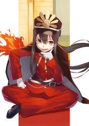 Rule 34 | 1boy, belt, black footwear, black hair, brown belt, brown cape, brown hat, cape, fate/grand order, fate (series), fire, gloves, hand on own chin, hat, highres, indian style, jacket, jonsun, long hair, long sleeves, looking at viewer, male focus, oda nobukatsu (fate), pants, peaked cap, pixiv fate/grand order contest 2, ponytail, red eyes, red jacket, red pants, shoes, sitting, smile, solo, very long hair, white gloves