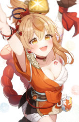 Rule 34 | 1girl, :d, absurdres, arms up, bandages, bangle, blonde hair, blush, bracelet, breasts, chest tattoo, choker, cleavage, earrings, genshin impact, gya (144), has bad revision, has downscaled revision, highres, japanese clothes, jewelry, kimono, large breasts, md5 mismatch, open mouth, orange eyes, orange kimono, resolution mismatch, sarashi, short sleeves, single sleeve, smile, solo, source smaller, tattoo, vision (genshin impact), yoimiya (genshin impact)