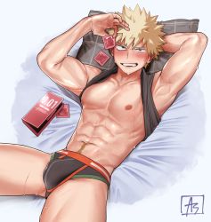 Rule 34 | 1boy, abs, armpits, as (as21 00), bakugou katsuki, bed sheet, black male underwear, blonde hair, blush, boku no hero academia, bulge, condom, condom box, highres, holding, holding condom, male focus, male pubic hair, male underwear, nipples, okamoto condoms, open mouth, pectorals, pillow, pubic hair, red eyes, signature, solo, spiked hair, sweat, teeth, toned, toned male, underwear, white background