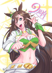 Rule 34 | 1girl, ;d, absurdres, ahoge, animal ears, arm strap, blue eyes, breasts, brown hair, choker, cleavage, commentary request, crop top, green shirt, hand up, hat, highres, horse ears, jacket, large breasts, long hair, long sleeves, looking at viewer, midriff, mini hat, mini top hat, mr. c.b. (umamusume), navel, nekoshiri masuku, one eye closed, open clothes, open jacket, open mouth, pants, shirt, single bare shoulder, single sleeve, smile, solo, stomach, strapless, strapless shirt, top hat, umamusume, upper body, v, very long hair, white background, white hat, white jacket, white pants, wrist cuffs, yellow choker