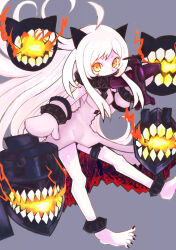 Rule 34 | 1girl, abyssal ship, ahoge, anklet, barefoot, black horns, black nails, black panties, breath weapon, breathing fire, colored skin, covered mouth, dress, enemy aircraft (kancolle), feet, fire, floating hair, foot out of frame, grey background, highres, holding, holding toy, horns, jewelry, kantai collection, long hair, looking at viewer, mittens, nail polish, northern ocean princess, outstretched arm, panties, pantyshot, sharp teeth, simple background, sleeveless, sleeveless dress, solo, t ghoul t, teeth, thigh strap, toenail polish, toenails, toes, toy, toy airplane, turret, underwear, very long hair, white dress, white hair, white mittens, white skin, yellow eyes