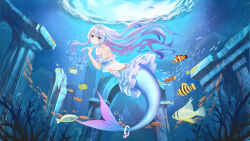Rule 34 | 1girl, absurdres, air bubble, blue hair, bubble, coral, doris (hololive), fins, fish, head fins, highres, hololive, hololive china, long hair, looking at viewer, looking back, mermaid, monster girl, qi xuan, skirt, solo, tiara, underwater, virtual youtuber