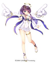 Rule 34 | blue eyes, bridal gauntlets, commentary request, covered navel, dennou tenshi djibril, detached wings, disembodied hand, dmm, elbow gloves, flat chest, full body, gloves, halo, heterochromia, long hair, looking at viewer, nail polish, official art, one-piece swimsuit, pico (p i c o), pointing, pointing at viewer, ponytail, purple eyes, purple hair, purple nails, simple background, skindentation, smile, swimsuit, tachi-e, thighlet, white background, white footwear, white gloves, white one-piece swimsuit, wings