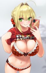 Rule 34 | 1girl, ahoge, blonde hair, blush, bra, braid, breasts, buster shirt, cellphone, cleavage, closed mouth, clothes lift, fate/extra, fate (series), french braid, gachou, green eyes, hair intakes, large breasts, long hair, looking at viewer, navel, nero claudius (fate), nero claudius (fate) (all), nero claudius (fate/extra), official alternate costume, panties, phone, red bra, red panties, red shirt, shirt, shirt lift, short sleeves, smile, t-shirt, thighs, underwear