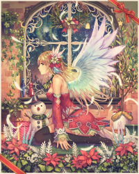 Rule 34 | 1girl, anbe yoshirou, bare shoulders, black thighhighs, blonde hair, box, christmas, crescent, detached sleeves, feathered wings, feathers, flower, from side, gift, gift box, hair flower, hair ornament, highres, indoors, light smile, long hair, looking at viewer, night, original, profile, ribbon, scarf, seiza, shinma x keishou! ragnabreak, sitting, skirt, sky, snowman, solo, star (sky), starry sky, thighhighs, tree, window, wings