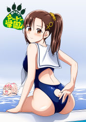 Rule 34 | 2girls, :d, ass, ass cutout, blue one-piece swimsuit, brown eyes, brown hair, butt crack, closed eyes, clothing cutout, competition swimsuit, derivative work, fang, from behind, grey background, hair ornament, hair scrunchie, hand fan, highres, hino hitomi, long hair, looking at viewer, looking back, maximilian-destroyer, multiple girls, murenase! shiiton gakuen, okami ranka, one-piece swimsuit, open mouth, pink hair, ponytail, pool, scrunchie, smile, solo focus, striped clothes, striped one-piece swimsuit, swimming, swimsuit, yellow scrunchie