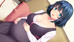 Rule 34 | 1girl, blue hair, blush, breasts, choker, cleavage, couch, cushion, eyebrows hidden by hair, female focus, game cg, green eyes, hands on own stomach, happy, indoors, large breasts, legs, looking at viewer, nonomiya himari, open mouth, original, pregnant, shiokonbu, short hair, sister lesson, sitting, smile, solo, thighs