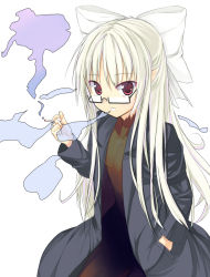 Rule 34 | 00s, 1girl, ban (bannyata), bespectacled, bow, cigarette, coat, glasses, hair bow, half updo, hand in pocket, long hair, looking at viewer, melty blood, naked coat, pointy ears, red eyes, simple background, smoke, smoking, solo, tsukihime, white hair, white len (tsukihime)