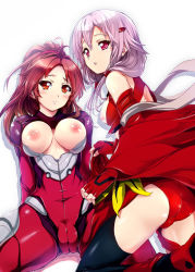 Rule 34 | 10s, 2girls, ass, bare shoulders, black legwear, blush, bodysuit, breasts, breasts out, brown hair, cameltoe, center opening, detached sleeves, fingerless gloves, gloves, guilty crown, hair ornament, hairclip, kashi, large breasts, leotard, long hair, medium breasts, multiple girls, nipples, open bodysuit, open clothes, open mouth, pink hair, red eyes, shinomiya ayase, thighhighs, twintails, yuzuriha inori