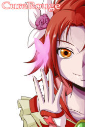 Rule 34 | 00s, 1girl, bloom, brooch, character name, cure rouge, flower, gloves, hair flower, hair ornament, highres, jewelry, magical girl, natsuki rin, nishi koutarou, orange eyes, out of frame, portrait, precure, red hair, simple background, smile, solo, upper body, white background, yes! precure 5