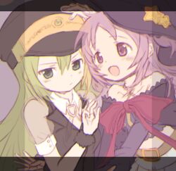 Rule 34 | 2girls, alina gray, black headwear, black vest, blonde hair, blush, bow, closed mouth, green eyes, green hair, hair between eyes, hat, long hair, lowres, magia record: mahou shoujo madoka magica gaiden, magical girl, mahou shoujo madoka magica, misono karin, multicolored hair, multiple girls, open mouth, peaked cap, purple eyes, purple hair, roamo, sidelocks, smile, star (symbol), streaked hair, unfinished, vest, witch hat