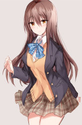Rule 34 | 1girl, arm behind back, black jacket, blazer, blue bow, blush, bow, breasts, brown background, brown eyes, brown hair, brown skirt, closed mouth, collared shirt, dress shirt, hair between eyes, jacket, kinona, long hair, long sleeves, medium breasts, open clothes, open jacket, original, plaid, plaid bow, plaid skirt, school uniform, shirt, simple background, skirt, solo, sweater vest, very long hair, white shirt