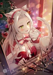 Rule 34 | 1girl, absurdres, animal ear fluff, animal ears, bell, blush, bow, bowtie, breasts, capelet, cat, cat ears, christmas tree, cleavage, commentary request, dress, green eyes, hair bell, hair ornament, hairband, highres, jingle bell, large breasts, long hair, looking at animal, luna nyann, original, parted lips, red bow, red bowtie, red capelet, red dress, red hairband, smile, solo, upper body, white cat, white hair, window