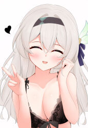 Rule 34 | 1girl, absurdres, black bra, black hairband, blue bow, blush, bow, bra, breasts, closed eyes, closed mouth, collarbone, commentary, english commentary, facing viewer, firefly (honkai: star rail), hair bow, hairband, hands up, heart, highres, honkai: star rail, honkai (series), knosdeba, lace, lace-trimmed bra, lace trim, large breasts, long hair, simple background, smile, solo, underwear, v, white background, white hair