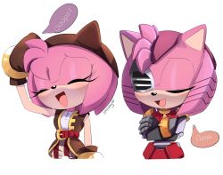 Rule 34 | 2girls, amy rose, animal ears, animal nose, arm up, armor, artist name, bare shoulders, belt, bracelet, brown coat, brown gloves, brown headwear, character request, closed eyes, coat, commentary, crossed arms, cyborg, dojikko pose, dual persona, english commentary, english text, eyelashes, furry, furry female, gloves, gold bracelet, hand on own head, hat, hedgehog ears, hedgehog girl, highres, jewelry, multiple girls, open clothes, open coat, open mouth, pink fur, red armor, red belt, red shorts, rusty rose, shirt, shorts, simple background, sleeveless, sleeveless coat, sleeveless shirt, smile, sonic (series), sonic prime, speech bubble, standing, steffybs, striped clothes, striped shorts, tongue, white background, white shirt, white shorts