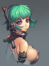 Rule 34 | 1girl, android, animal ear headphones, breasts, cat ear headphones, collar, fake animal ears, green hair, grey background, headphones, highres, large breasts, looking at viewer, looking back, missing limb, original, purple eyes, short hair, solo, upper body, zhangyushao