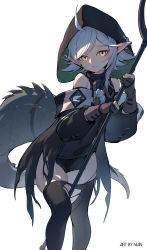 Rule 34 | 1girl, ahoge, arknights, bare shoulders, black thighhighs, character name, commentary, crocodilian tail, feet out of frame, gloves, grey gloves, highres, holding, holding staff, hood, large tail, long sleeves, looking at viewer, nian (zhanian), pointy ears, short hair, silver hair, simple background, skindentation, solo, staff, standing, tail, thighhighs, thighs, tomimi (arknights), torn clothes, torn thighhighs, white background, yellow eyes