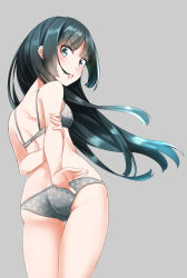 Rule 34 | &gt;:o, 1girl, :o, arms behind back, ass, black hair, blue eyes, blush, bra, breasts, comah, cowboy shot, floating hair, from behind, grey background, grey bra, grey panties, holding own arm, long hair, looking at viewer, looking back, open mouth, original, panties, simple background, small breasts, solo, thighs, underwear, underwear only, v-shaped eyebrows