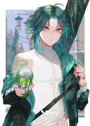Rule 34 | 1boy, ahoge, arm tattoo, bandaged hand, bead bracelet, beads, black hair, blurry, blurry background, bracelet, can, collarbone, diamond (shape), facial mark, forehead mark, genshin impact, green hair, highres, holding, holding can, jacket, jacket on shoulders, jewelry, looking at viewer, male focus, midriff peek, multicolored hair, navel, open mouth, parted bangs, shei99, short hair with long locks, single bare shoulder, skin tight, solo, tagme, tattoo, two-tone hair, xiao (genshin impact), yellow eyes