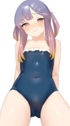 Rule 34 | 1girl, bare shoulders, blue one-piece swimsuit, blush, casual one-piece swimsuit, covered navel, flat chest, from below, gradient hair, hair ornament, hairclip, kantai collection, long hair, looking at viewer, multicolored hair, one-piece swimsuit, sakieko, sidelocks, simple background, smile, solo, swimsuit, tsushima (kancolle), two side up, white background