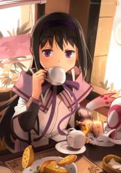 Rule 34 | 1girl, absurdres, akemi homura, black hair, black hairband, black undershirt, window blinds, blush, bread, bread slice, coffee cup, commentary, cup, day, disposable cup, drinking, english commentary, foliage, food, hairband, highres, hitting, holding, holding cup, indoors, khyle., kyubey, long hair, long sleeves, looking ahead, looking at viewer, magical girl, mahou shoujo madoka magica, mahou shoujo madoka magica (anime), multicolored shirt, napkin, napkin holder, patreon username, placemat, plant, plate, pleated skirt, punching, purple eyes, purple hairband, purple ribbon, purple shirt, purple skirt, ribbon, shirt, sidelocks, sitting, skirt, table, teacup, very long hair, white shirt, window, wing collar
